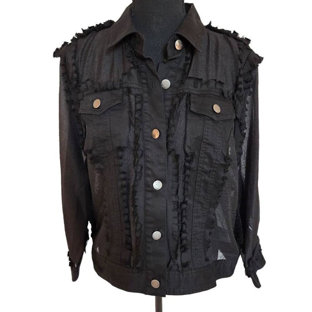 Frederique Womens Black Ruffle Raw Cut Seam Button Front Jacket Large